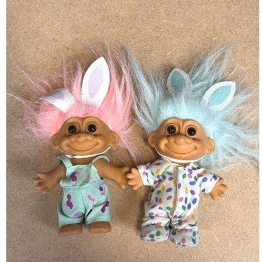 Vintage Russ Berrie Easter Troll Dolls Set of 2‎ Bunny Ears Pink Blue Hair 3"